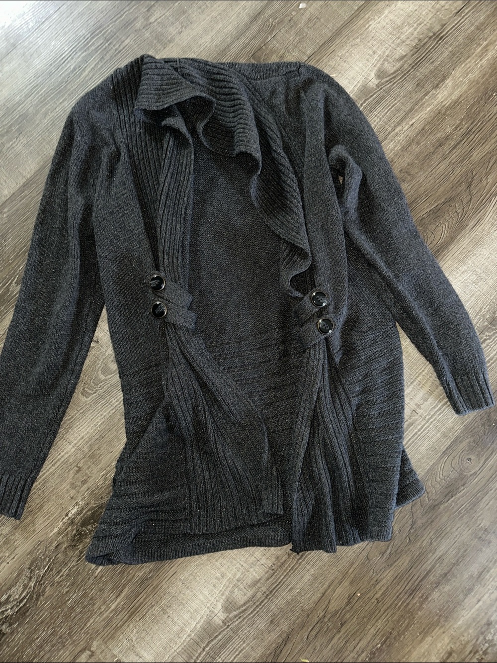 Women’s Charcoal Ruffle Front sparkle Cardigan Sweater
